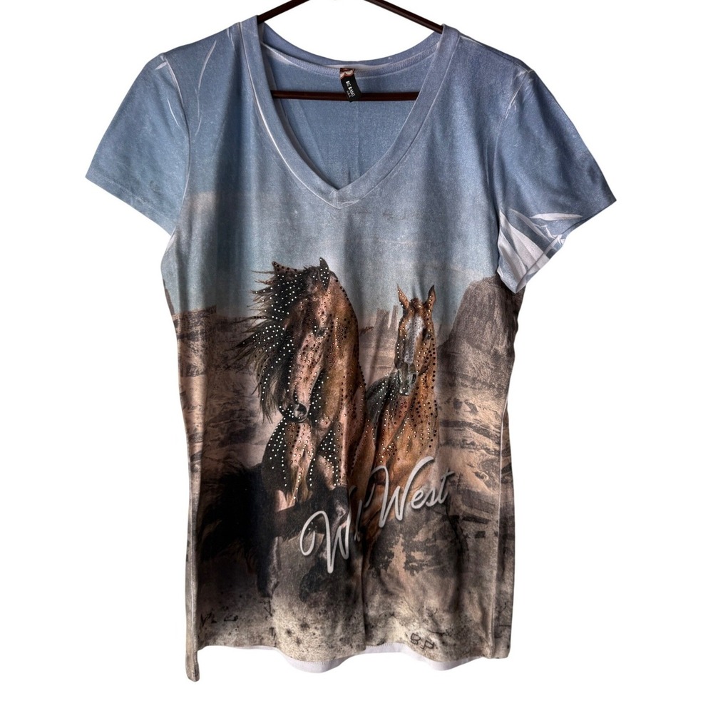 Big Bang USA Wild West Horses Rhinestone V Neck Western‎ Women's Size Medium